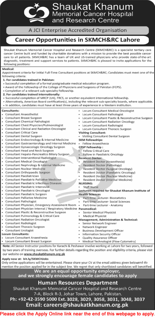 Shaukat Khanum Hospital Lahore Jobs December 2025 Apply Online Medical Consultants, Resident Doctors & Others Latest